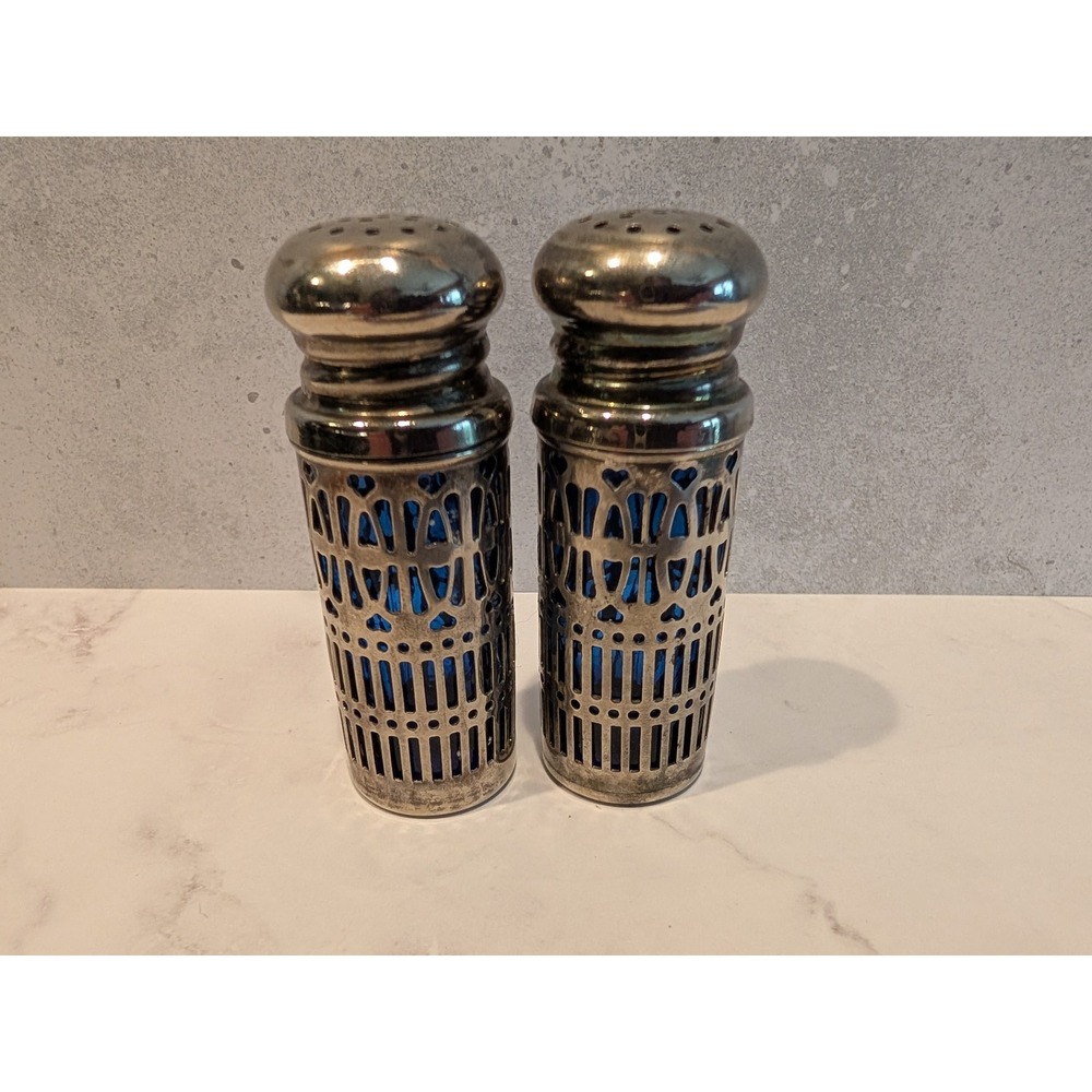 Vintage Cobalt Blue Glass Silver Plated Filigree Salt & Pepper Shakers Hong Kong